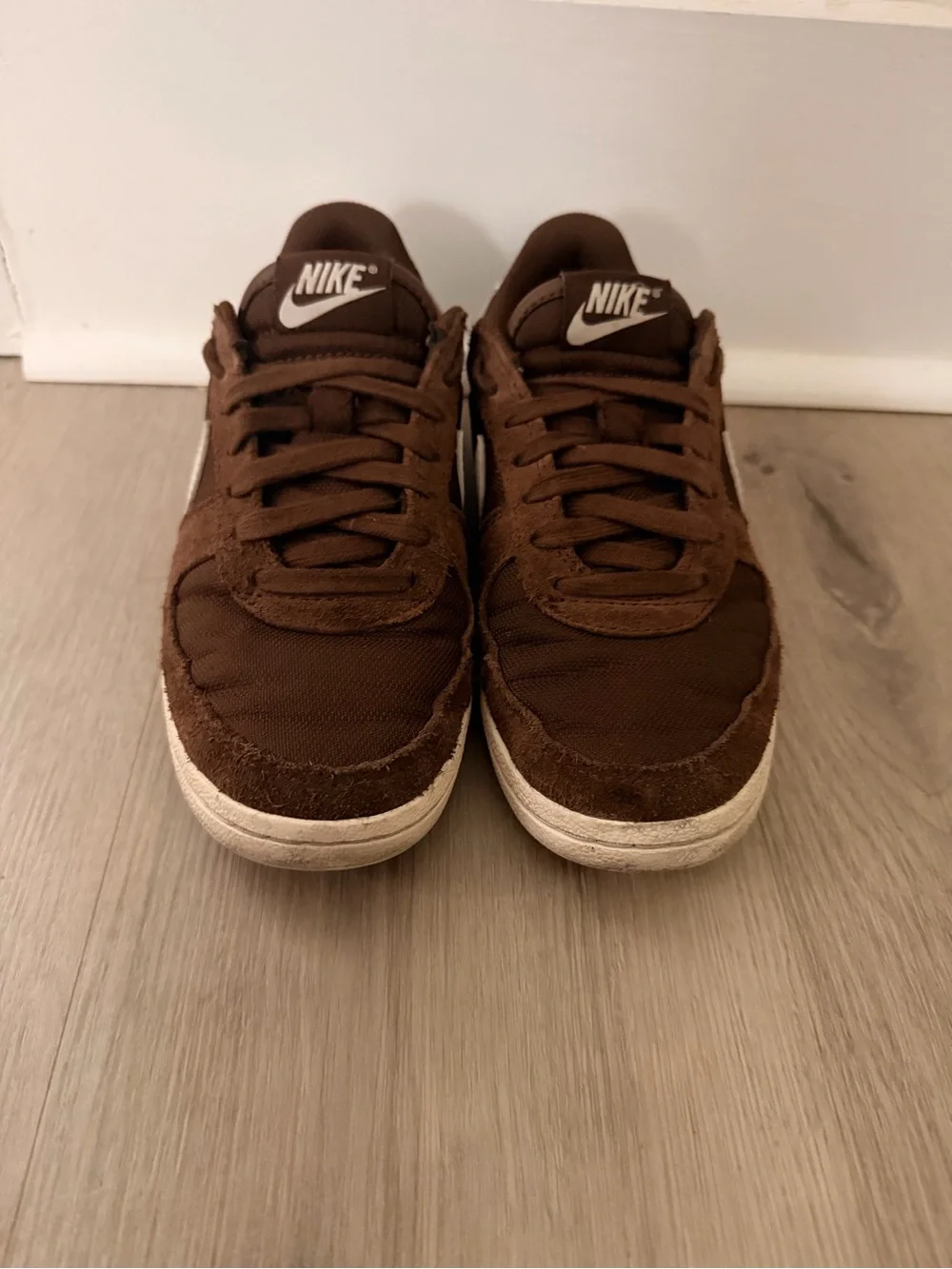 Nike Brown Suede and Textile Low-Top Sneakers with White Swoosh